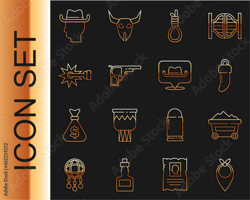 Set line Cowboy bandana, Coal mine trolley, Tooth, Gallows rope loop hanging, Revolver gun, Spur, and Location cowboy icon. Vector