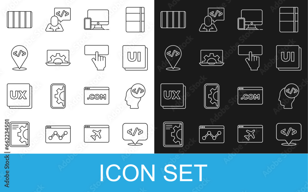Set line Front end development, UI or UX design, Monitor and mobile, Web, Color palette guide and Keyboard icon. Vector Set line Front end development, UI or UX design, Monitor and mobile, Web, Color palette guide and Keyboard icon. Vector