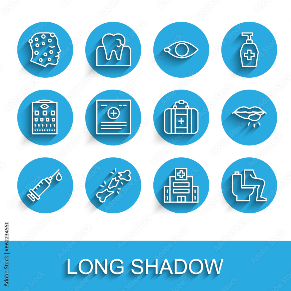 Set line Syringe, Human broken bone, Psoriasis or eczema rash, Medical hospital building, Constipation, Clinical record, Herpes lip and First aid kit icon. Vector