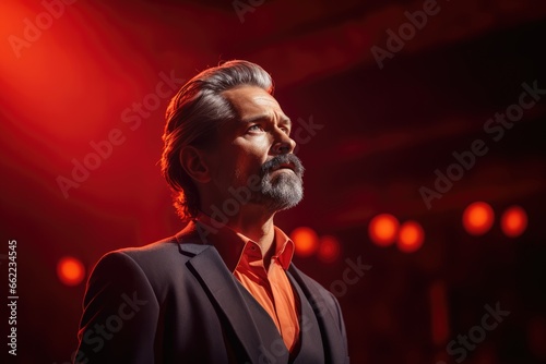 Actor Performing - Individual against a dramatic red backdrop, in a monologue pose - Theatrical expressions - AI Generated