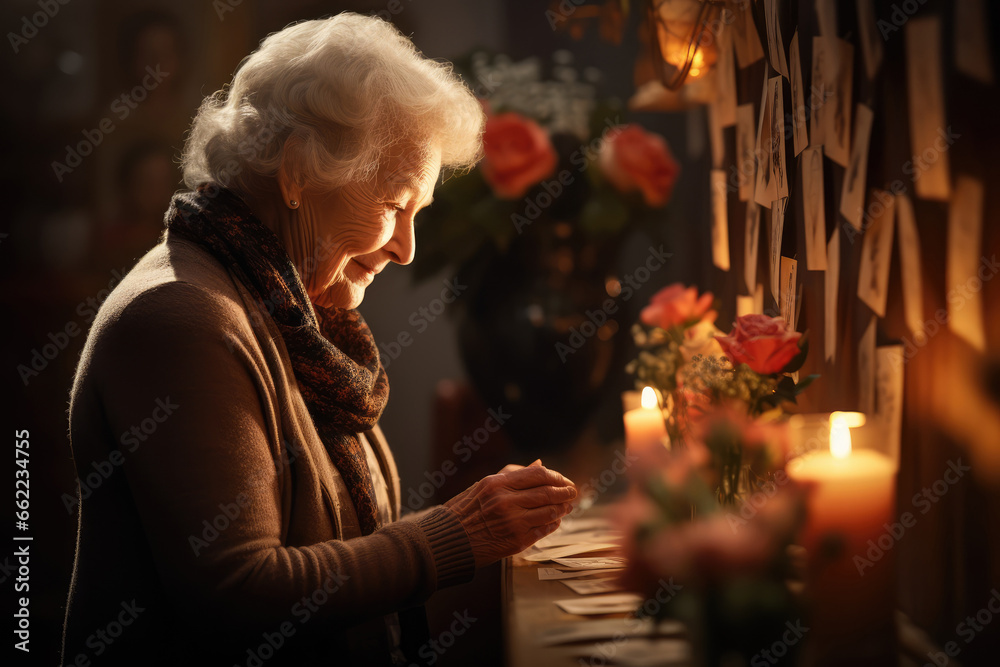 Elderly Remembering - Senior woman against a warm brown backdrop, looking at old photos - Nostalgia and memories - AI Generated