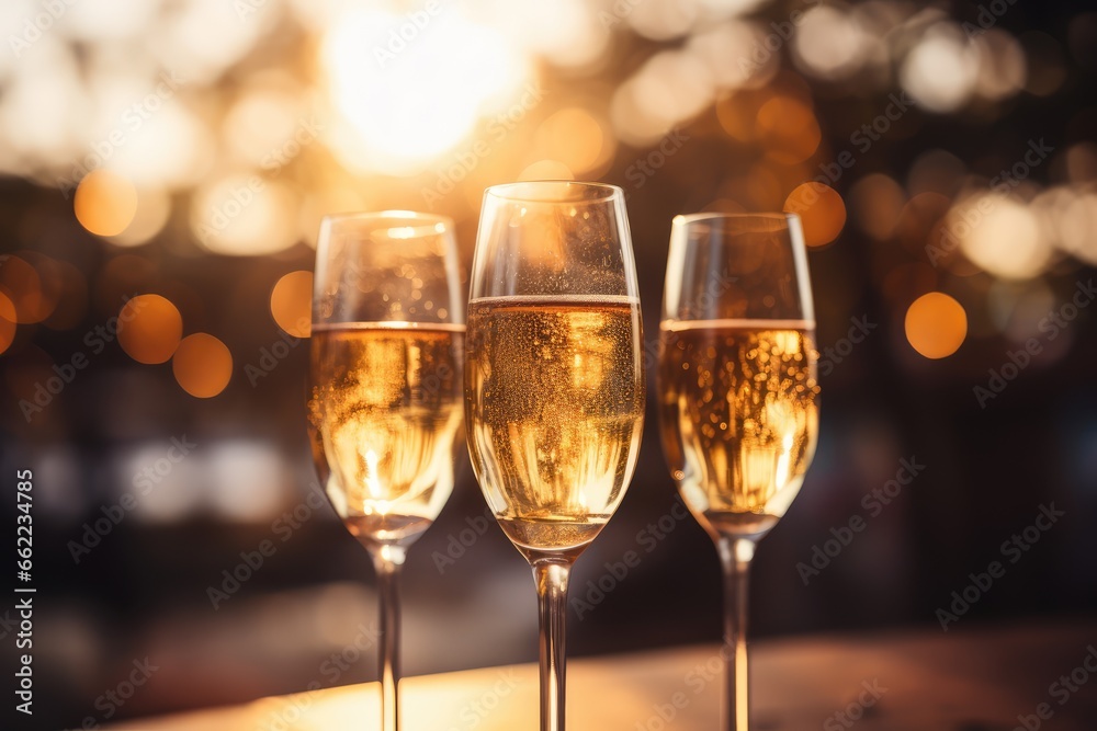 Three Glasses of Champagne agains a Soft Bokeh Background - Celebration - AI Generated Three Glasses of Champagne agains a Soft Bokeh Background - Celebration - AI Generated