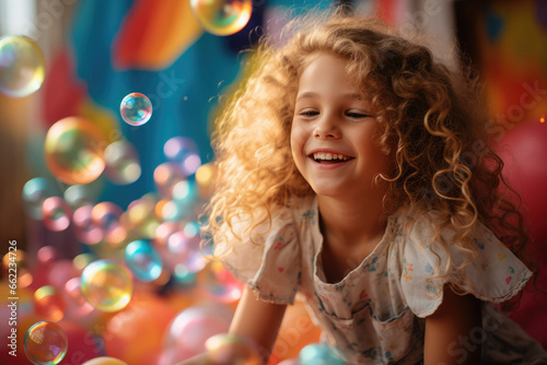 Child Playing - Little girl against a Rainbow Colored Background with a toy - Joyful moments - AI Generated