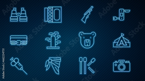 Set line Photo camera, Tourist tent, Hunting gun, African tree, cartridge belt, Binoculars, Bear head and Matchbox and matches icon. Vector