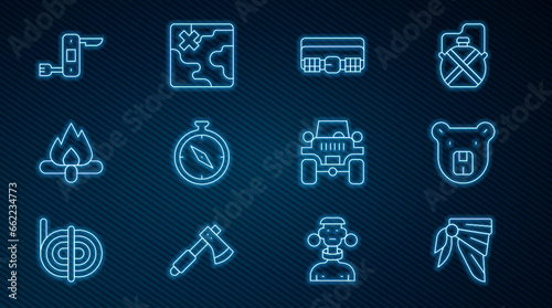 Set line Bandana or biker scarf, Bear head, Hunting cartridge belt, Compass, Campfire, Swiss army knife, Off road and Africa safari map icon. Vector