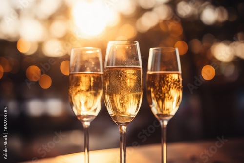 Three Glasses of Champagne agains a Soft Bokeh Background - Celebration - AI Generated