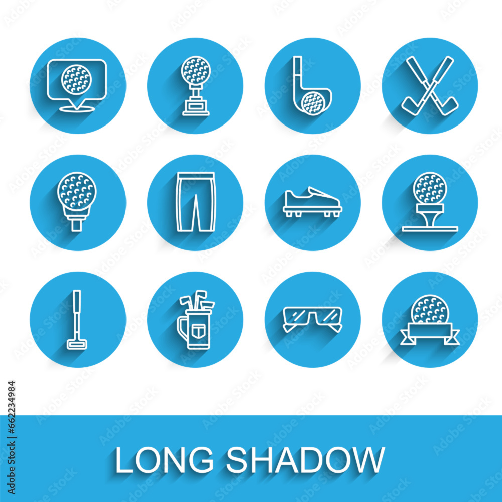 Set line Golf club, bag with clubs, label, Glasses, ball, pants, on tee and shoe icon. Vector Set line Golf club, bag with clubs, label, Glasses, ball, pants, on tee and shoe icon. Vector