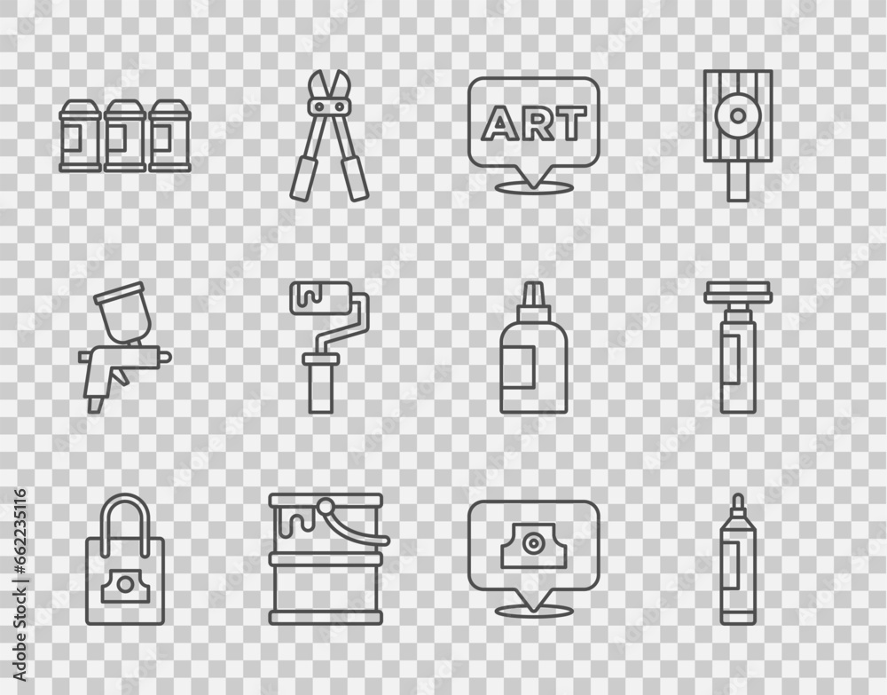 Set line Spray can nozzle cap, Marker pen, Speech bubble with text art, Paint bucket, spray, roller brush, and icon. Vector Set line Spray can nozzle cap, Marker pen, Speech bubble with text art, Paint bucket, spray, roller brush, and icon. Vector