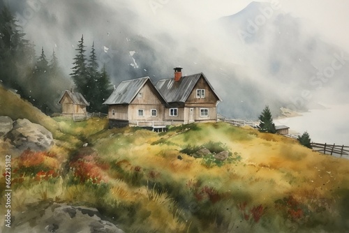Watercolor of a vintage Norwegian house amidst beautiful landscape. Generative AI