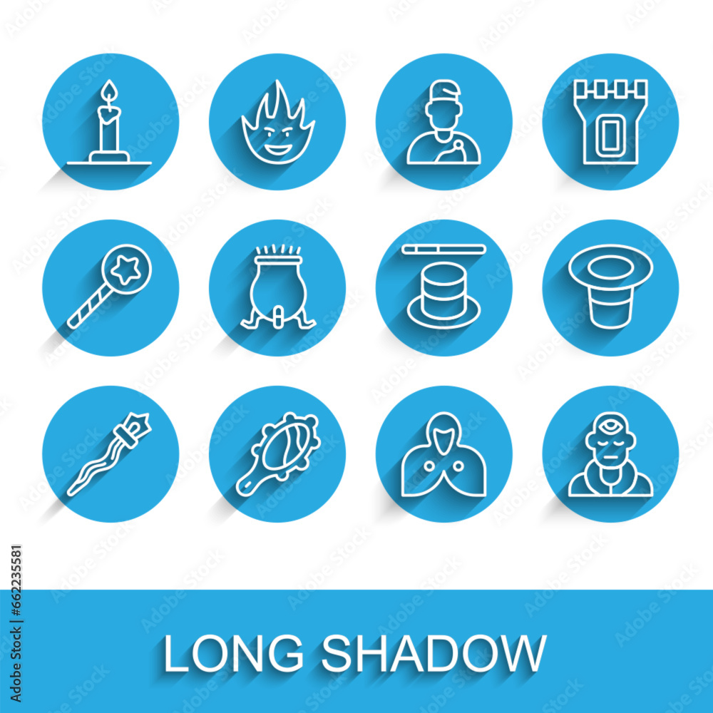 Set line Magic staff, hand mirror, Burning candle in candlestick, Mantle, cloak, cape, Wizard warlock, Witch cauldron, hat and wand icon. Vector Set line Magic staff, hand mirror, Burning candle in candlestick, Mantle, cloak, cape, Wizard warlock, Witch cauldron, hat and wand icon. Vector