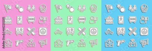 Set line Peace, Protest, Gender equality, Courthouse building, and Censored stamp icon. Vector