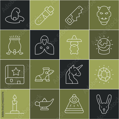 Set line Rabbit with ears, Magic stone, ball, Hand saw, Mantle, cloak, cape, Witch cauldron, hat and Wizard warlock icon. Vector