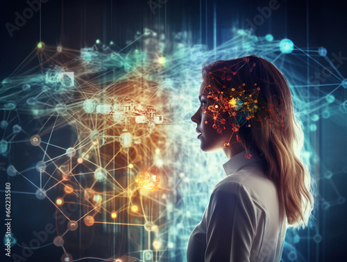 Artificial intelligence projecting the mind of a human being. AI generative.