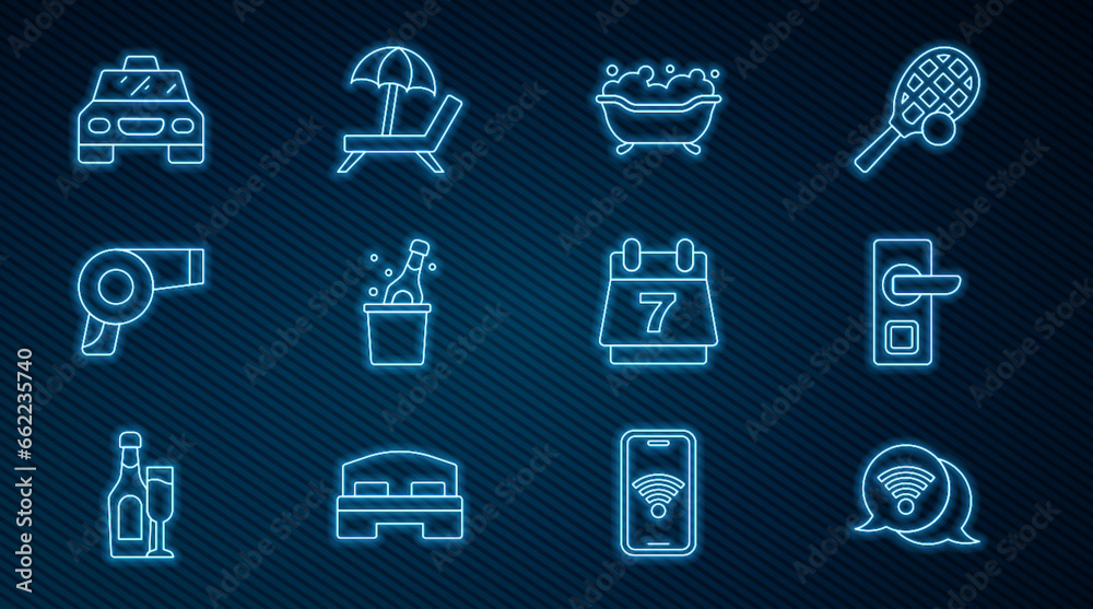 Set line Wi-Fi wireless internet, Digital door lock, Bathtub, Bottle of champagne, Hair dryer, Taxi car, Hotel booking calendar and Sunbed with umbrella icon. Vector