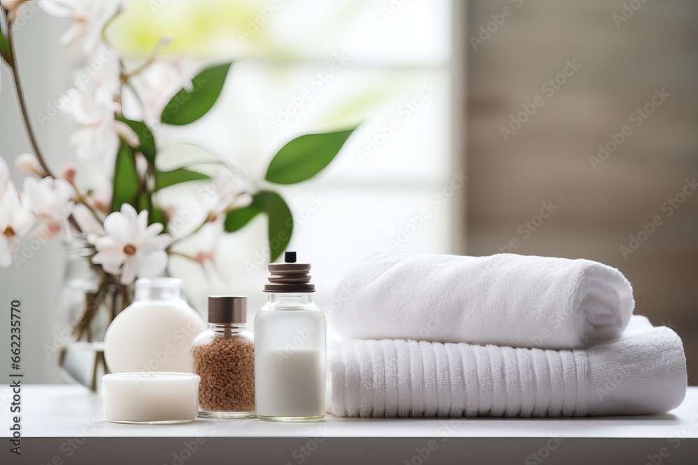 Bright modern bathroom concept. White towels, care products and plants background