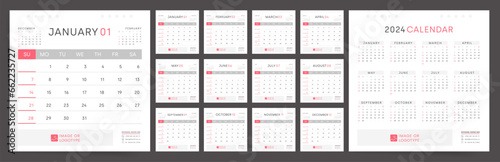 2024 Calendar Design Template. Sunday start Weekly Layout. Clean and Minimalist Professional Square Business Planner. English Vector Calendar for Modern Office Use.