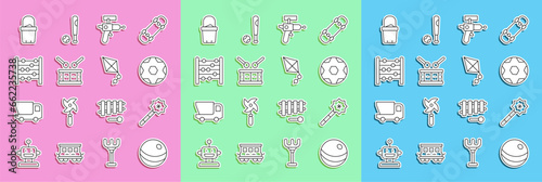 Wallpaper Mural Set line Beach ball, Magic wand, Soccer football, Ray gun, Drum with drum sticks, Abacus, Sand in bucket and Kite icon. Vector Torontodigital.ca