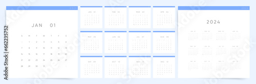 2024 Calendar Template Design. Week Starts on Sunday Office Calendar. Desktop Calender in simple clean style. Corporate or Business Calendar. Square Vector Calendar layout.
