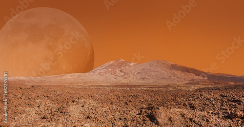 Fototapeta Naklejka Na Ścianę i Meble -  Red planet landscape like Mars with big moon satellite. Exploration and science fiction background. Elements of this image furnished by NASA.