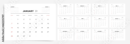 2024 Calendar Template Design. Week Starts on Sunday Office Calendar. Desktop Calender in simple clean style. Corporate or Business Calendar. Vector Calendar layout on White Background.
