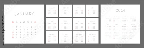 2024 Calendar Template Design. Week Starts on Sunday Office Calendar. Calender in simple clean style. Corporate or Business Calendar. English Vector Square Calendar layout.