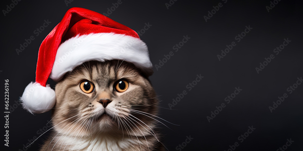 Close-up of an expressive cat wearing a Santa Claus hat on a grey background with copy space Close-up of an expressive cat wearing a Santa Claus hat on a grey background with copy space