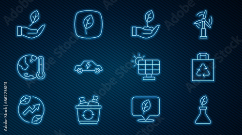 Set line Plant breeding, Shopping bag with recycle, hand, Electric car, Earth melting to global warming, Leaf, Solar energy panel and Eco symbol icon. Vector