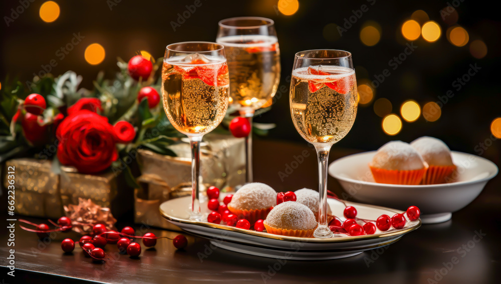 christmas table setting with champagne glasses and desserts on blurred background, presents, christmas spirit, santa clauss, familiy, tree, christmas table setting with champagne glasses and desserts on blurred background, presents, christmas spirit, santa clauss, familiy, tree,