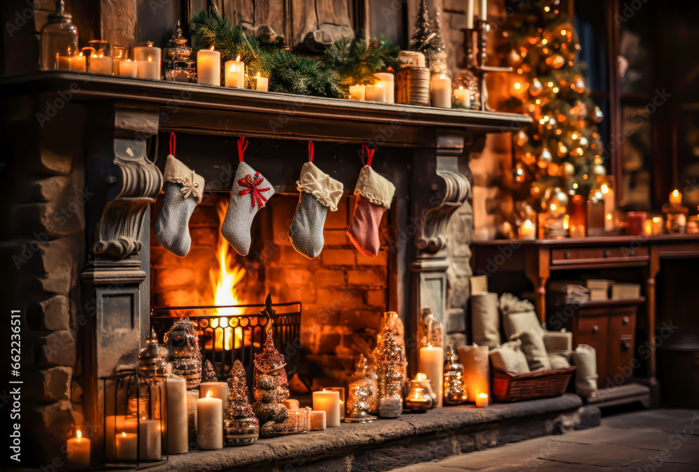 a fireplace with stockings hung for knickknacks, presents, christmas spirit, santa clauss, familiy, tree,