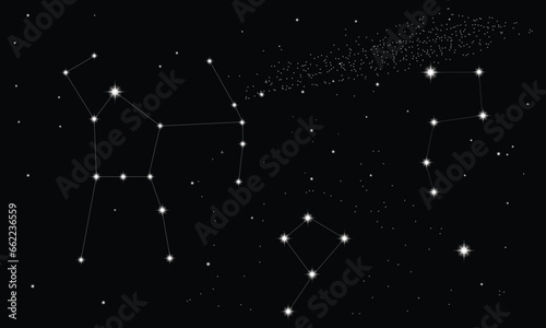 Orion constellation. Starry night sky. Cluster of stars and galaxies. Deep space. Vector illustration. The Constellation Of Orion. The Hunter - linear icon. Vector illustration of constellation Orion