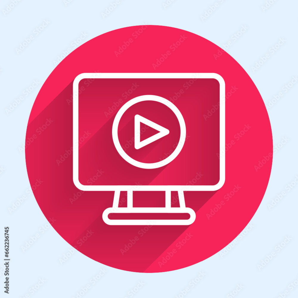 White line Online play video icon isolated with long shadow. Film strip with play sign. Red circle button. Vector White line Online play video icon isolated with long shadow. Film strip with play sign. Red circle button. Vector