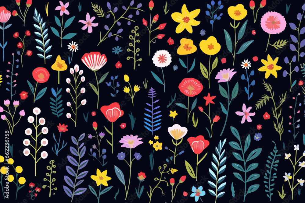 Wildflowers in meadows quirky doodle pattern, wallpaper, background, cartoon, vector, whimsical Illustration