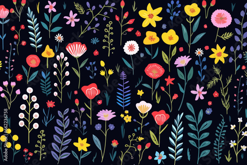 Wallpaper Mural Wildflowers in meadows quirky doodle pattern, wallpaper, background, cartoon, vector, whimsical Illustration Torontodigital.ca