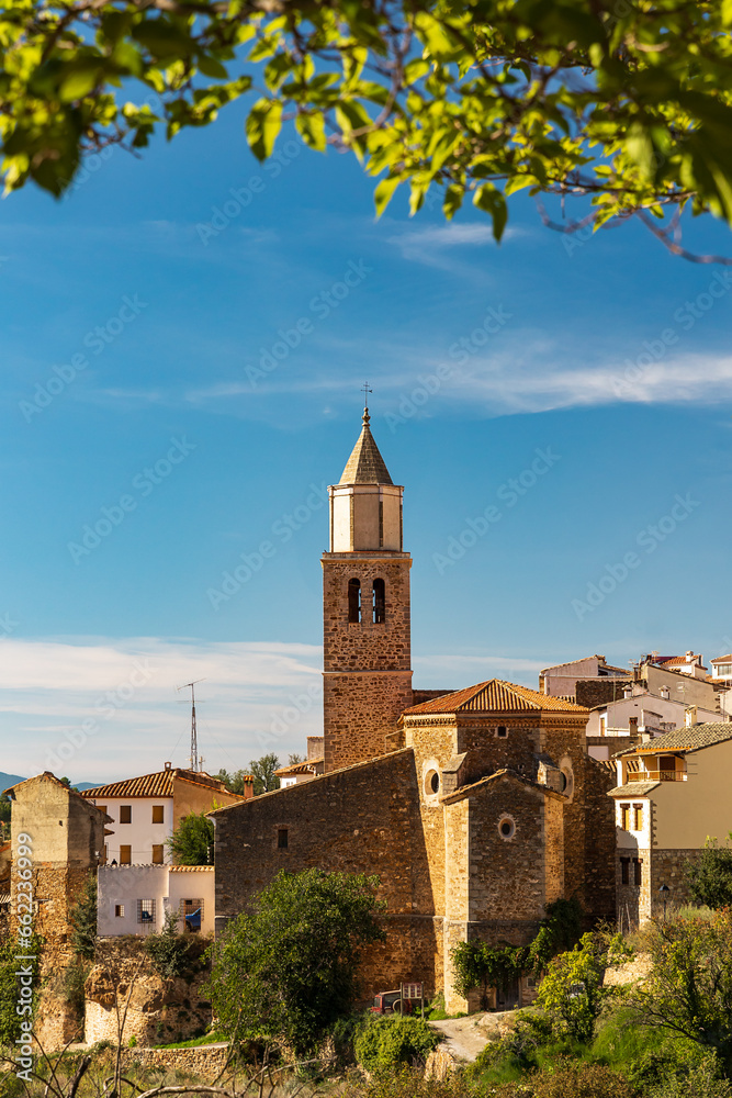 Vertical view of the village of Cortes de Arenoso, in Castellón, Spain, with its church in the center.