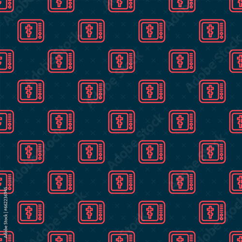 Red line Online church pastor preaching video streaming icon isolated seamless pattern on black background. Online church of Jesus Christ. Vector