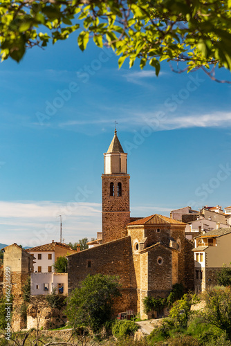 Vertical view of the village of Cortes de Arenoso, in Castellón, Spain, with its church in the center.