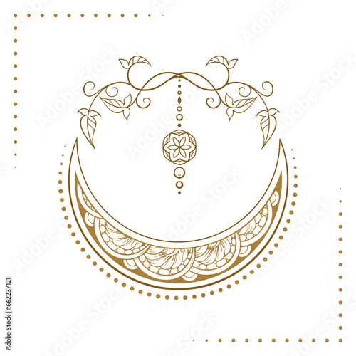 Golden crescent moon illustration. Ethnic style vector graphic.