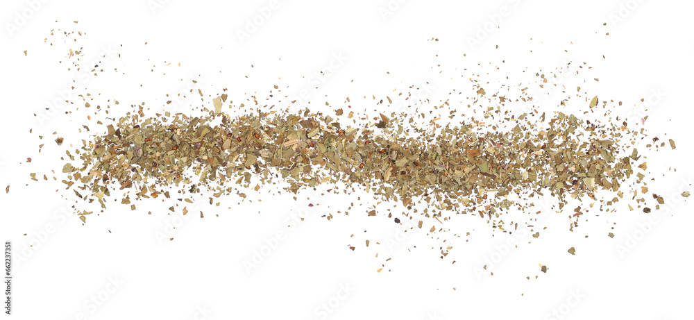 Dried and chopped up basil spice pile isolated on white background, top view