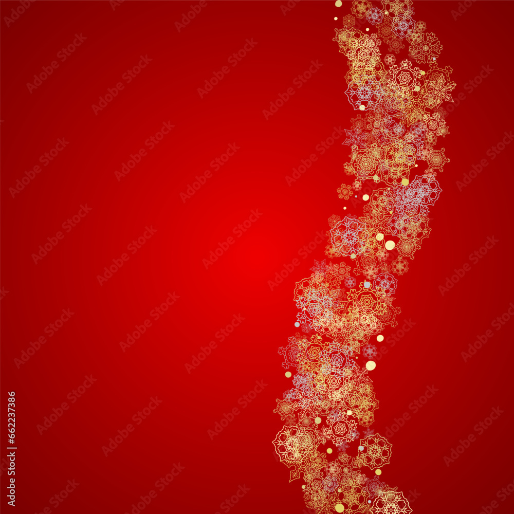 Christmas snow on red background. Glitter frame for seasonal winter banners, gift coupon, voucher, ads, party event. Santa Claus colors with golden Christmas snow. Falling snowflakes for holiday