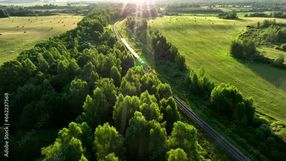 Train on railway in motion. Traveling on Passenger train on railway from forest, aerial view. Train with passenger cars rides. Drone view of an passenger locomotive with wagons in moving on railroad