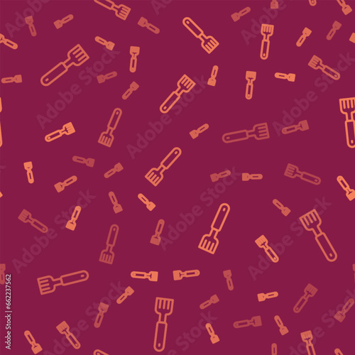 Brown line Fork icon isolated seamless pattern on red background. Cutlery symbol. Vector