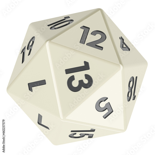 White twenty sided die, icosahedron dice, 3D rendering isolated on transparent background photo