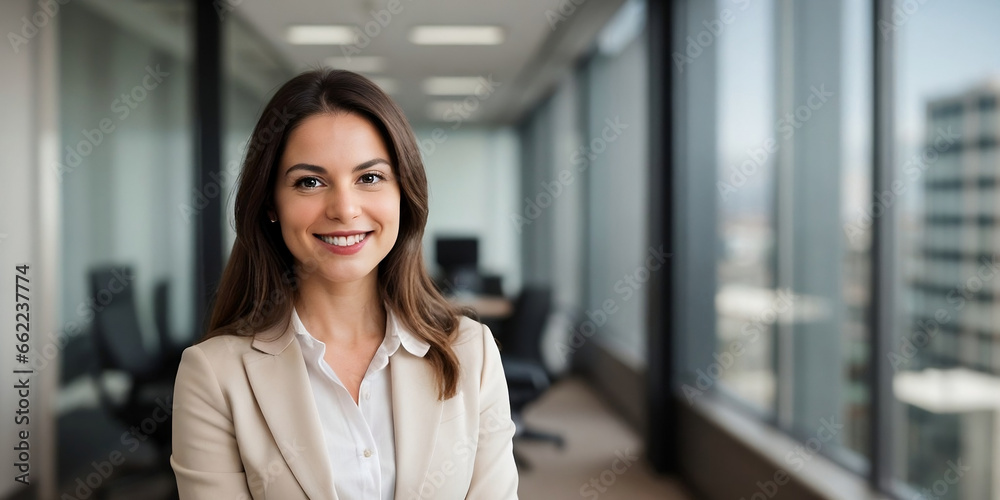 A successful young female executive standing and smiling at the office, beautiful office background with copy space A successful young female executive standing and smiling at the office, beautiful office background with copy space