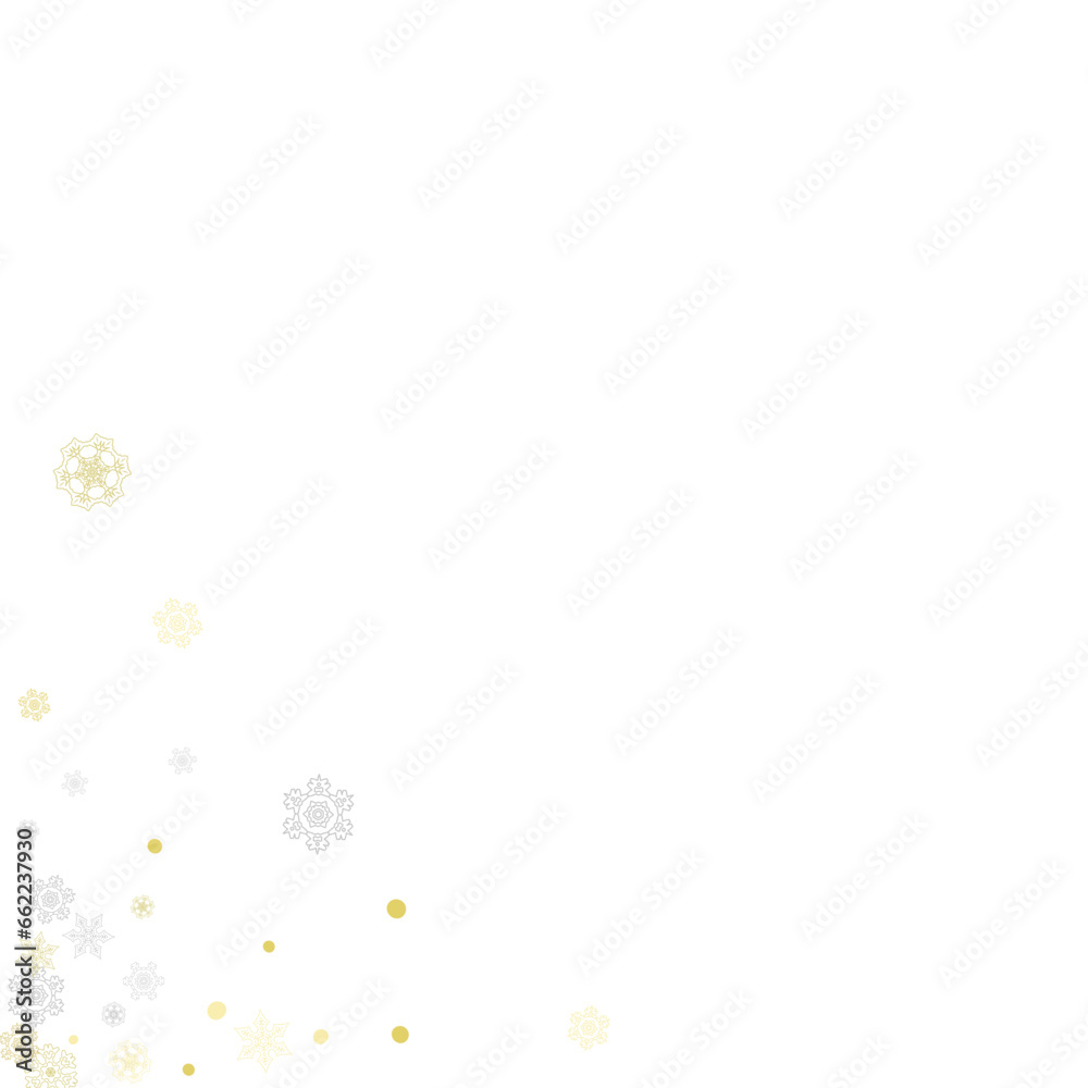 Gold snowflakes frame on white background. New year theme. Stylish shiny Christmas frame for holiday banner, card, sales, special offers. Falling snow with gold snowflakes and glitter for party invite Gold snowflakes frame on white background. New year theme. Stylish shiny Christmas frame for holiday banner, card, sales, special offers. Falling snow with gold snowflakes and glitter for party invite