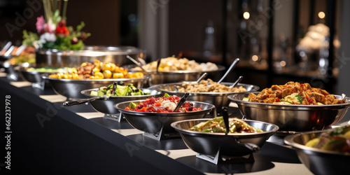 Catering buffet food in restaurant or cafe with meat and vegetables