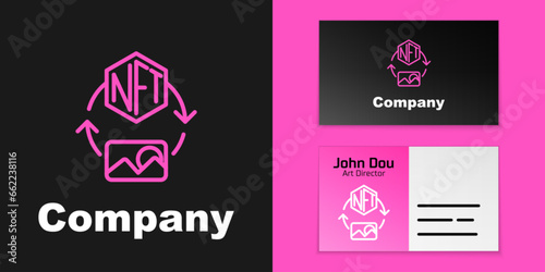 Pink line NFT Digital crypto art icon isolated on black background. Non fungible token. Logo design template element. Vector