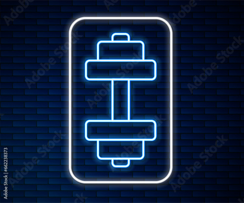 Glowing neon line Dumbbell icon isolated on brick wall background. Muscle lifting, fitness barbell, sports equipment. Vector