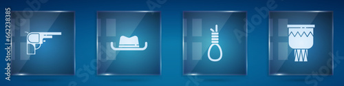 Set Revolver gun, Western cowboy hat, Gallows rope loop hanging and Drum. Square glass panels. Vector