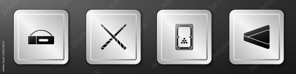 Set Case for billiard cue, Crossed cues, Billiard table and triangle icon. Silver square button. Vector Set Case for billiard cue, Crossed cues, Billiard table and triangle icon. Silver square button. Vector