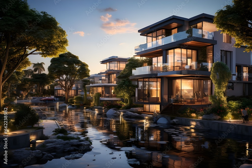 Modern luxury house on the water. Luxury home on the water with palm trees.